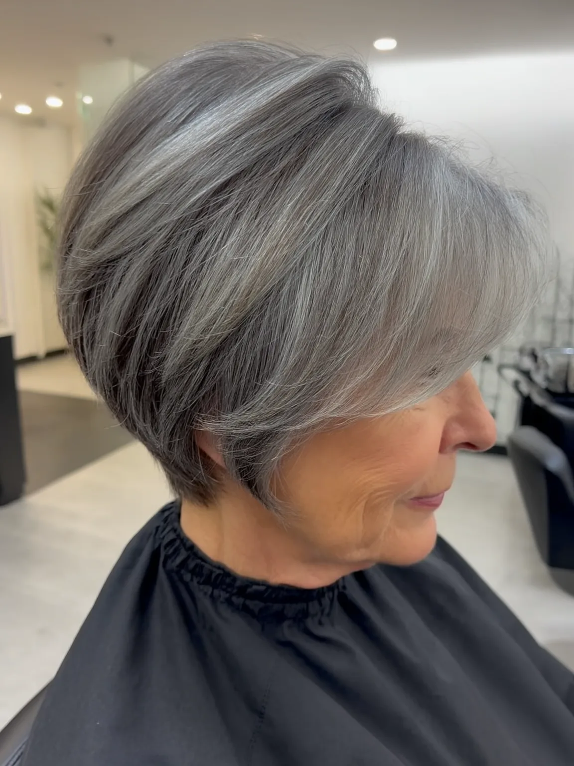 Short Layered Bob with Silver Grey Highlights
